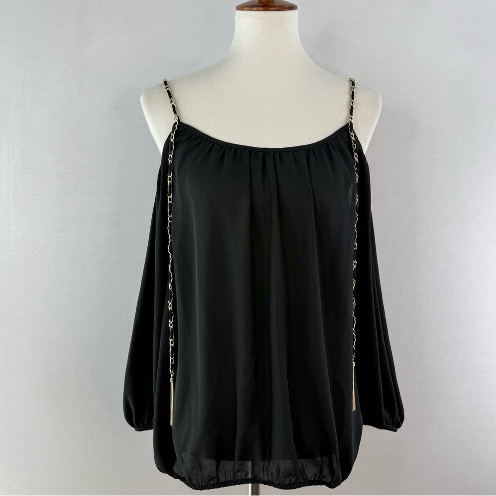 INC Black Off Shoulder Blouse with Gold Metallic Chain Embellishment - Picture 10 of 13